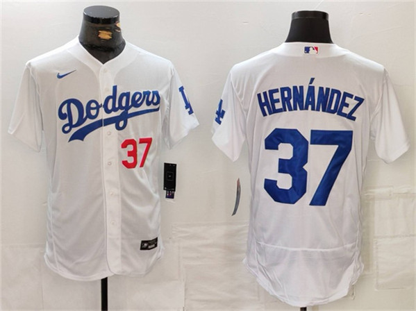 Los Angeles Dodgers #37 Teoscar Hern??ndez White Flex Base Stitched Jersey - Click Image to Close